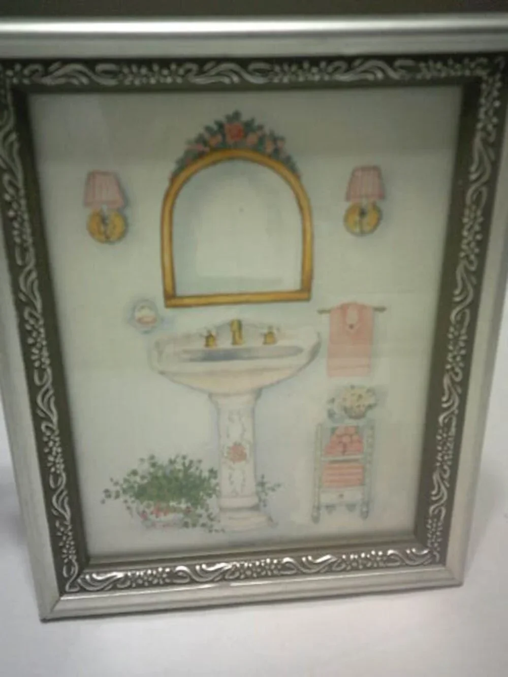 VINTAGE PEGGY ABRAMS SILVER FRAMED HANGING BATHROOM PICTURE PEDESTAL SINK RARE